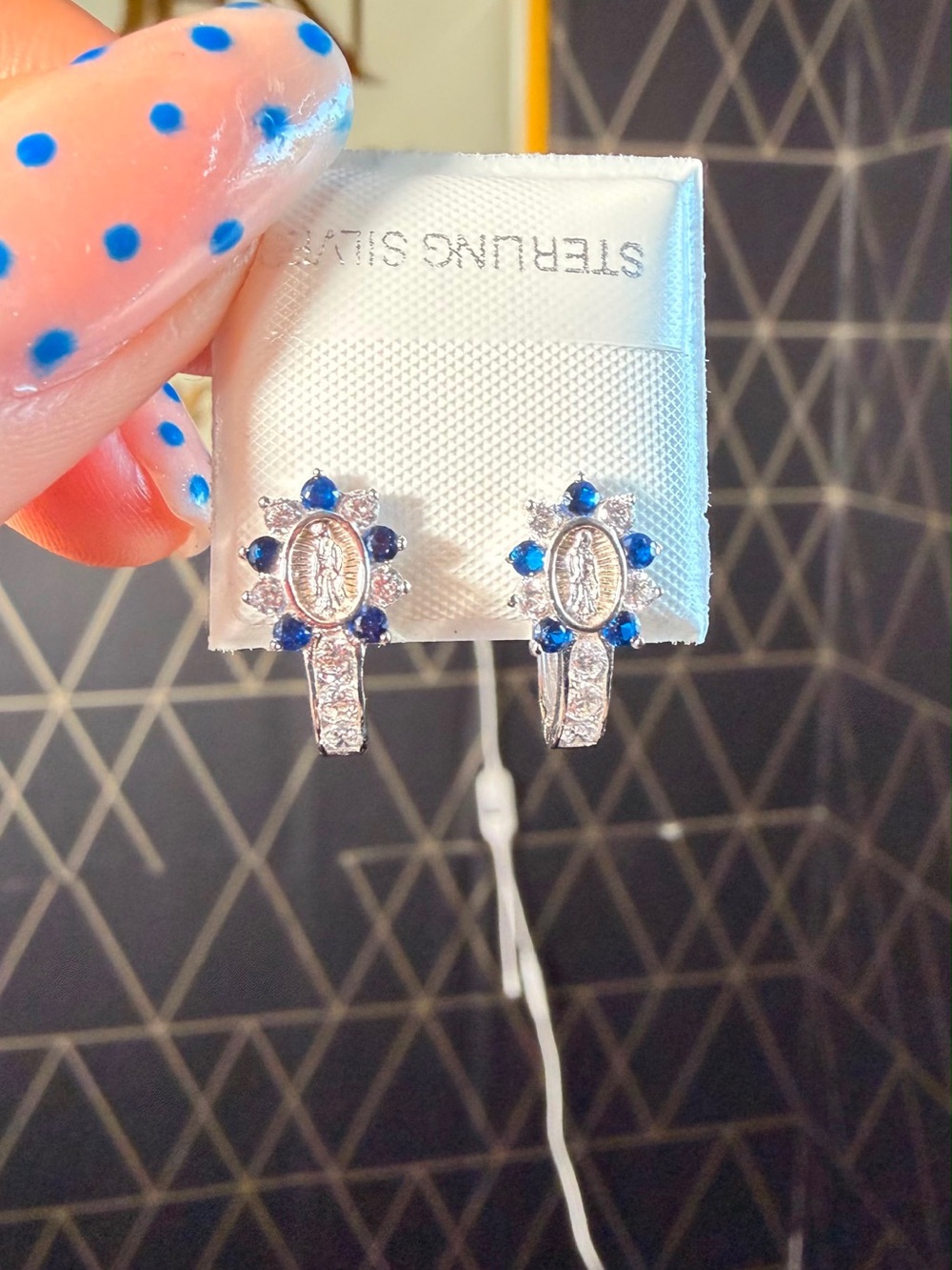 Sterling Silver Blue Stone Virgin Mary Hoop Earrings